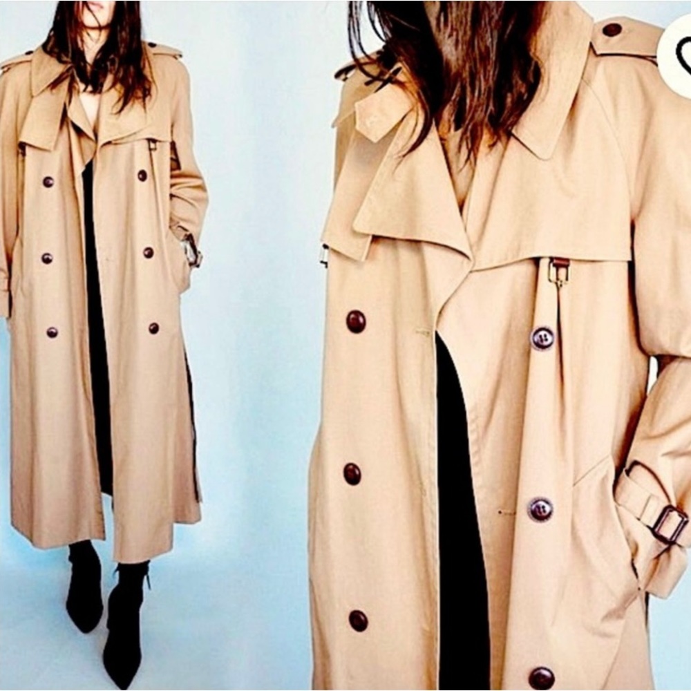 Vintage Etienne Aigner Khaki Belted 80’s Double Breasted Trench Coat Size 16
